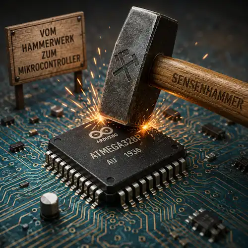 Hammer schlägt auf einen Mikrokontroller